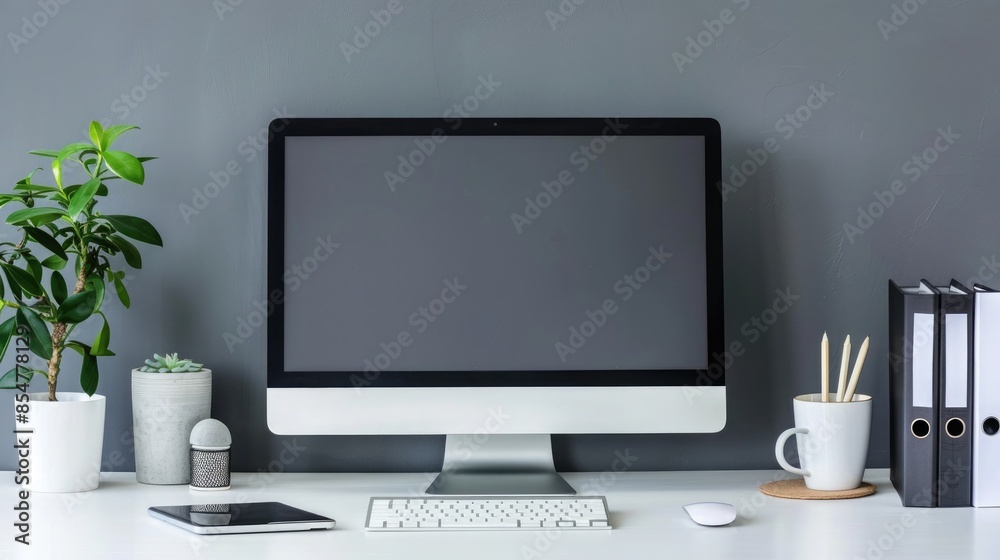 Wall mural close up minimalistic workspace with computer modern designer desktop with blank computer screen, of