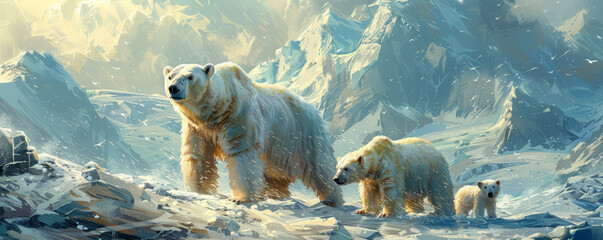 Arctic landscape with polar bear and cubs, icy habitat, maternal care, endangered species.