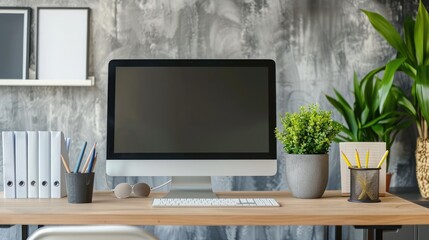 Fototapeta premium Close up Minimalistic workspace with computer modern designer desktop with blank computer screen, office equipment decorations on table. Mock up