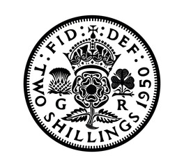 Vector British money gold coin. Two shillings, King George VI florin with crowned rose, thistle and shamrock, Rosa Tudor - emblem of England.