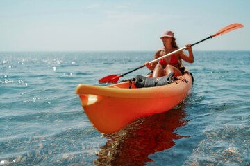 Kayak sea woman. Happy attractive woman with long hair in red swimsuit, swimming on kayak. Summer holiday vacation and travel concept.