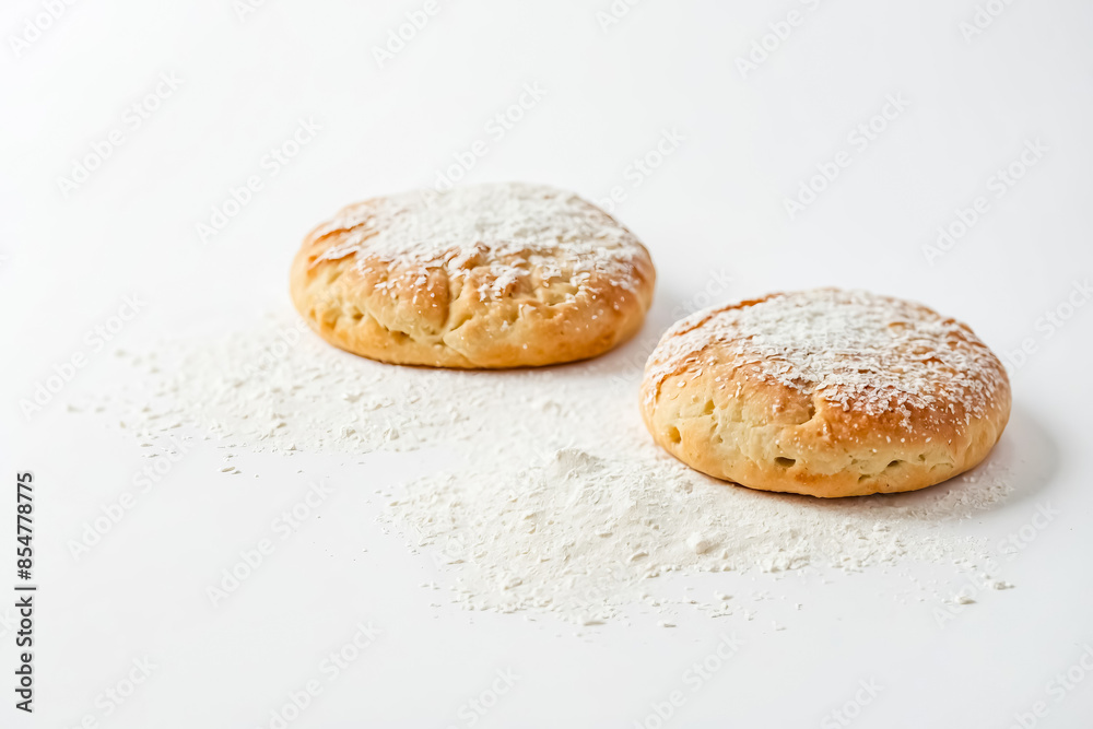 Wall mural Two Homemade Buns Covered in Powdered Sugar on a White Surface