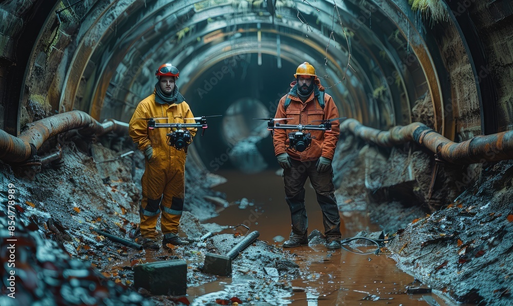 Poster two men stand above a small entrance to a sewer tunnel, the tunnel is small and ominous, they are co