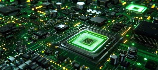 Fototapeta premium Close up of microchip with intricate circuits and ethereal glow for enhanced search relevance