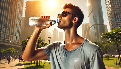 Young man drinking water thirsty and sweaty from hot weather.  Summer heat stroke, sunshine, hot weather day, high temperature in the city.