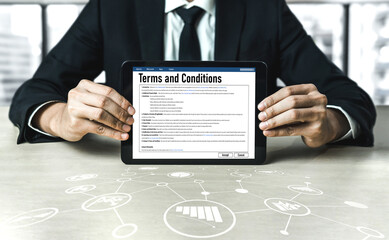 Digital legal contract provide terms and conditions document on computer screen ready for online...