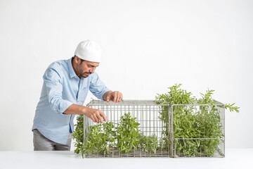 Man Arranging Plants in Wire Cages