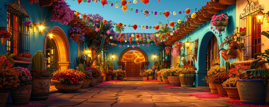 A lively Cinco de Mayo fiesta with mariachi music, dancing, and colorful decorations.