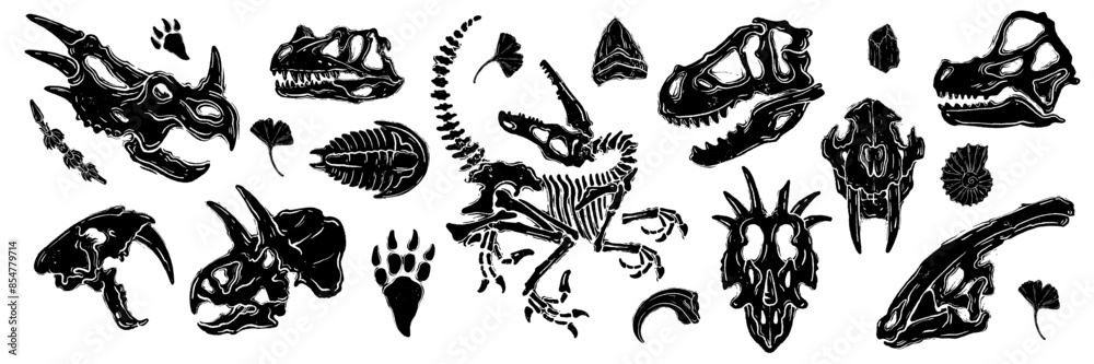 Wall mural dinosaur skeleton linocut print set, tattoo dino skull, vector prehistoric archaeology fossil icon. 