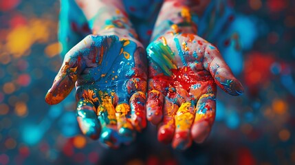 Vibrant Painted Hands Holding Creativity Explosions in Blue and Red
