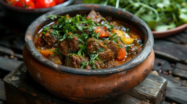 Authentic Malagasy romazava, a beef stew with mixed greens and tomatoes, served in a traditional clay pot. This rustic and flavorful dish represents the rich culinary heritage of Madagascar.