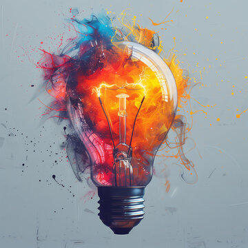 Creative light bulb explodes with colorful paint and splashes on a black background, watercolor style, creative illustration style, creative idea, think differently