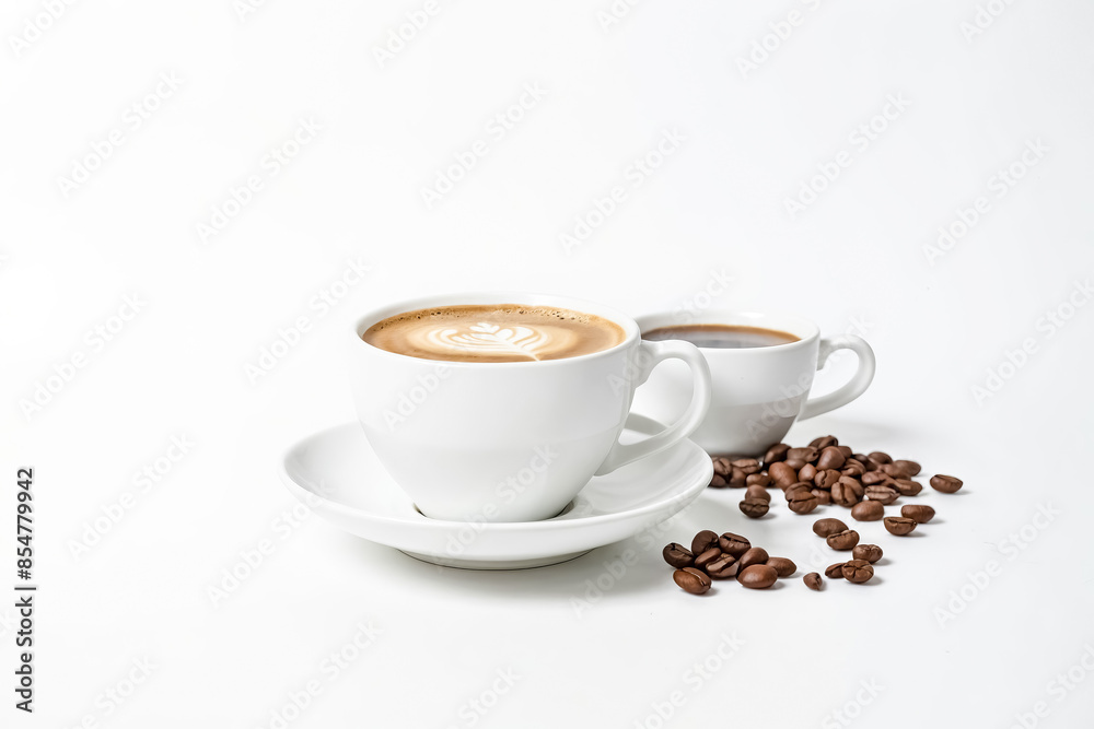 Sticker Coffee Latte and Espresso with Coffee Beans on White Background