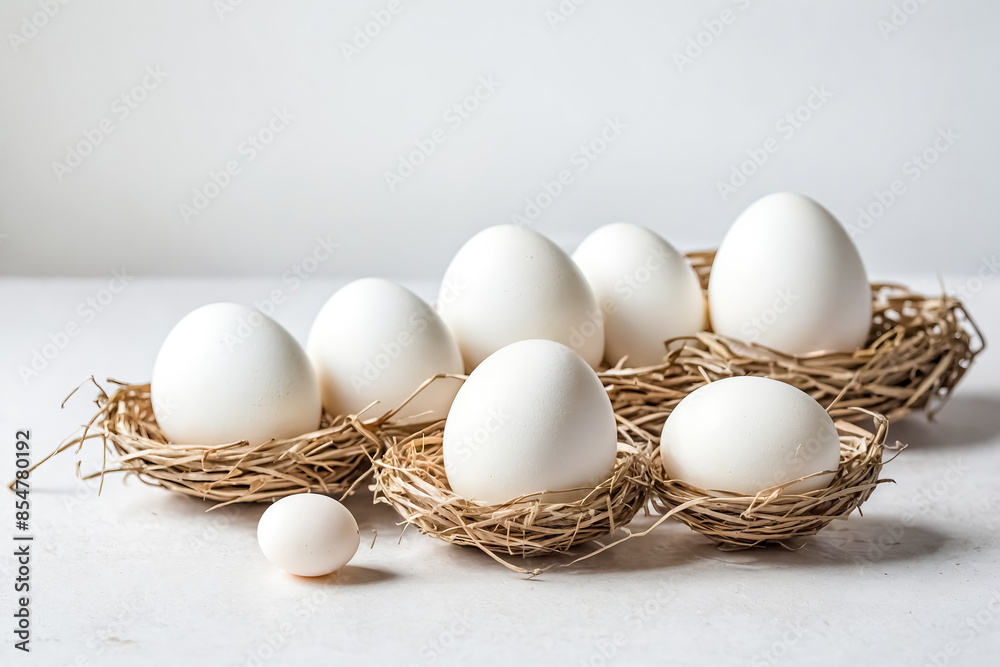 Canvas Prints White Eggs in Nests on White Background