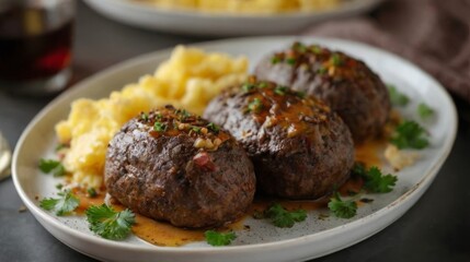 Authentic Scottish haggis dish with traditional accompaniments of mashed turnips neeps and potatoes tatties, served on a simple white platter. This classic, hearty meal represents cultural heritage.