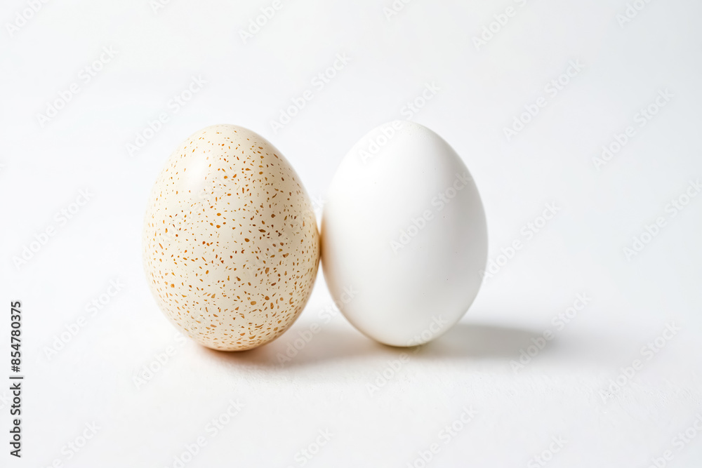 Canvas Prints Speckled Egg and White Egg on a White Background