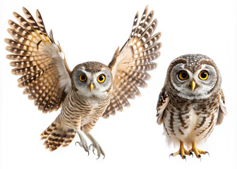 Fototapeta premium Flying and standing Spotted Owl isolated on white background