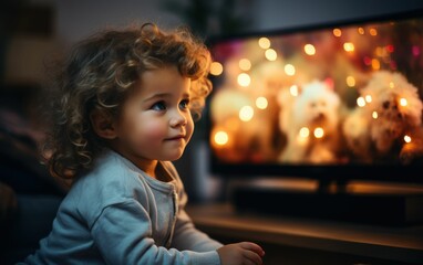 A young girl is sitting in front of a television, watching a show
