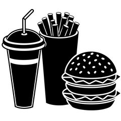 Hamburger soft drink and french fries, Fast food items vector Silhouette illustration.