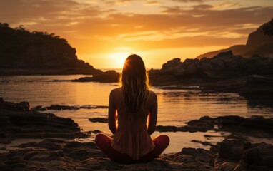 Fototapeta premium A woman is sitting on a rock by the water, looking out at the sunset