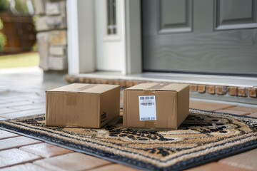 cardboard boxes with white stickers on them on the door mat
