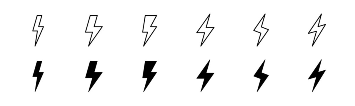 Lightning icon set. Line and glyph flash sign. Outline thunderbolt symbol