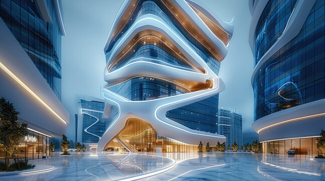 International conference building having 20 floors and alternate floors having triple height space for multipurpose activity, futuristic design. Generative AI.