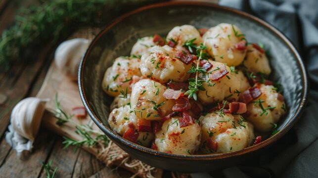 Traditional Slovakian bryndzove halusky featuring potato dumplings smothered in rich sheep's cheese and crispy bacon. This beloved comfort food dish showcases the comforting and authentic flavors.