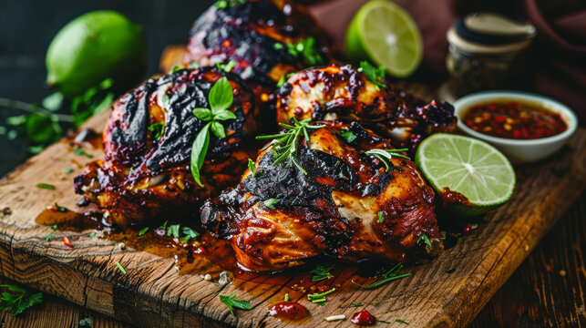 Jamaican jerk chicken, its flavors enhanced by a fiery seasoning blend, is grilled to perfection and served on a rustic wooden plank. Charred limes and a zesty sauce complete this vibrant taste