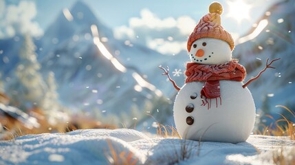 Fototapeta premium Charming Snowman in Winter Wonderland with Scenic Mountain Background