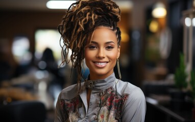 A woman with dreadlocks is smiling in front of a salon