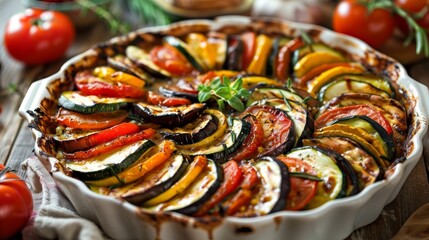 Delicious homemade French ratatouille in a rustic baking dish, showcasing the vibrant colors and textures of fresh zucchini slices. A Mediterranean vegetable dish that's healthy and full of flavor.