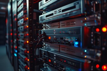 A high-tech server room filled with multiple hard drive arrays and backup tapes, providing secure data storage and management.