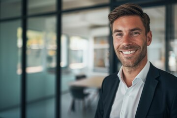 Fototapeta premium portrait of successful senior businessman consultant looking at camera and smiling inside modern office building