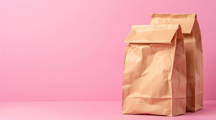 Food delivery paper bags on pink background with empty space for text