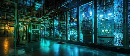 Server Room with Blue and Green Lights