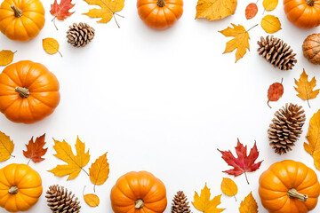 Fototapeta premium Autumnal Frame with Pumpkins, Leaves and Pine Cones