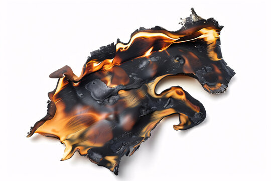 A piece of burnt plastic with melted and charred edges creating a striking visual effect