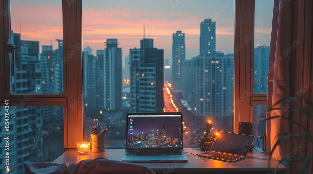 Fototapete the window of the modern minimalist style apartment is open, overlooking downtown buildings. the des