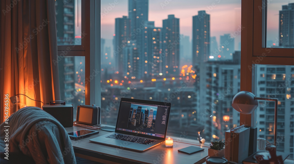Fototapete the window of the modern minimalist style apartment is open, overlooking downtown buildings. the des