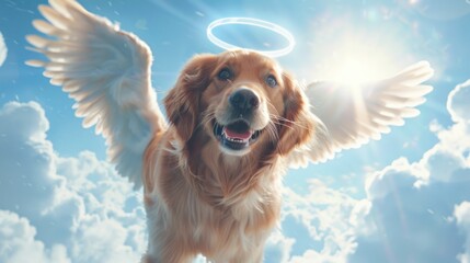 Heavenly Joy: Golden Retriever with Angel Wings and Halo Radiating Light - Generative ai