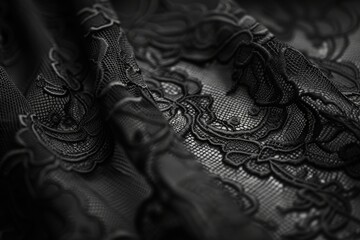 This close-up captures the delicate and intricate lace detail on a stunning black dress, showcasing timeless elegance and craftsmanship.