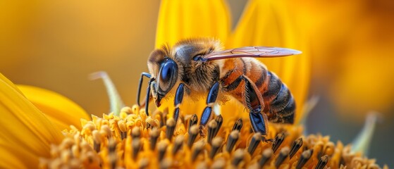 Obraz premium A close up of a honeybee on a sunflower macro photography