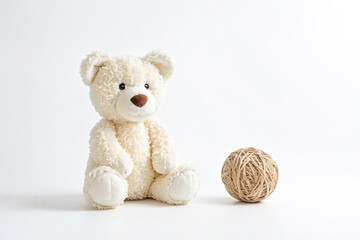 White Teddy Bear with Brown Ball on White Background