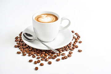 Fototapeta premium Coffee cup with latte art and beans on white background