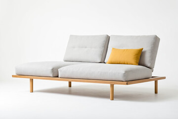 Modern Grey Sofa with Wooden Legs and Yellow Pillow