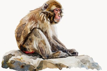Obraz premium A macaque clipart, sitting on a rock, watercolor art, muted browns, isolated on white background
