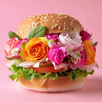 Fototapeta An imaginative burger filled with colorful roses and foliage, substituting traditional ingredients