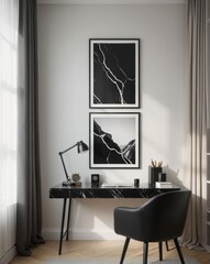 A sleek home office with a black marble desk, stylish chair, and blank picture frame on a white wall, bathed in natural light through sheer curtains.