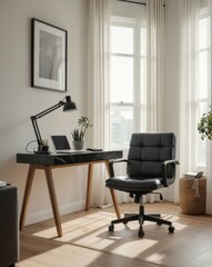 A sleek home office with a black marble desk, stylish chair, and blank picture frame on a white wall, bathed in natural light through sheer curtains.
